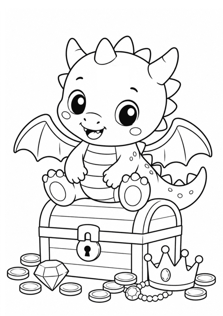 Cute baby dragon sitting on a treasure chest coloring page for kids