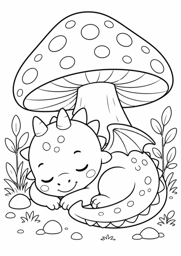 Cute baby dragon sleeping under a mushroom coloring page for kids