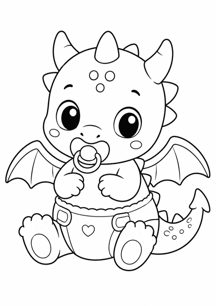Cute baby dragon with pacifier and diaper coloring page for kids