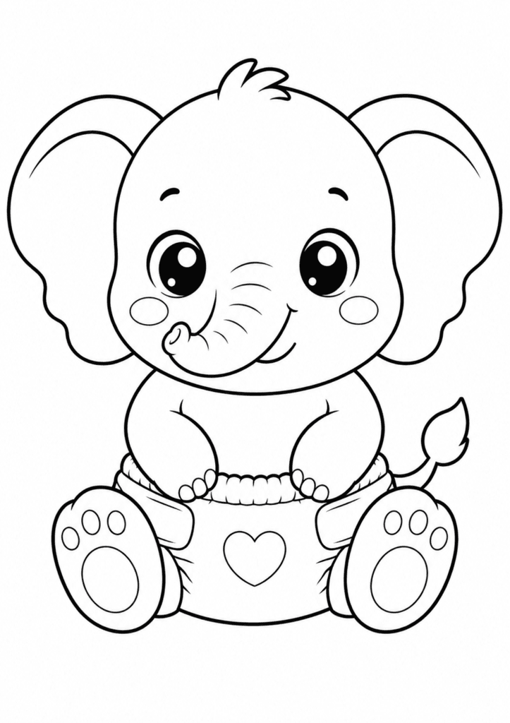 Cute baby elephant in diaper coloring page for kids