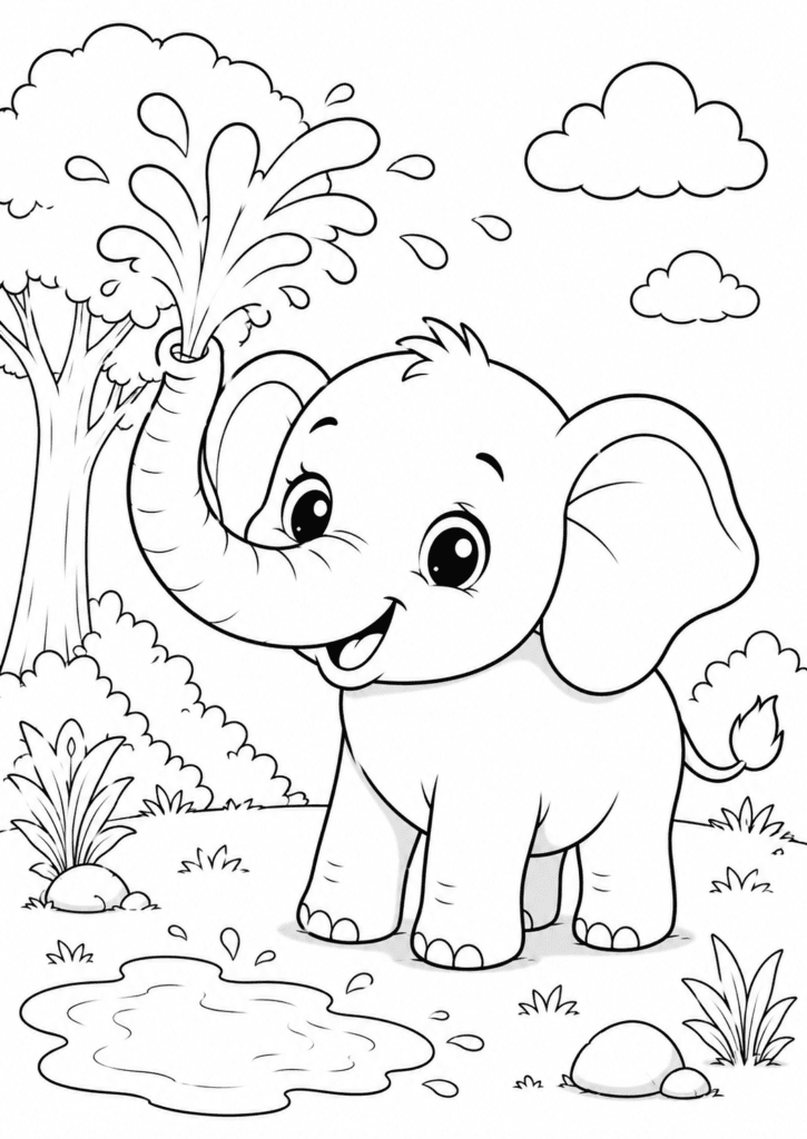 baby elephant spraying water coloring page