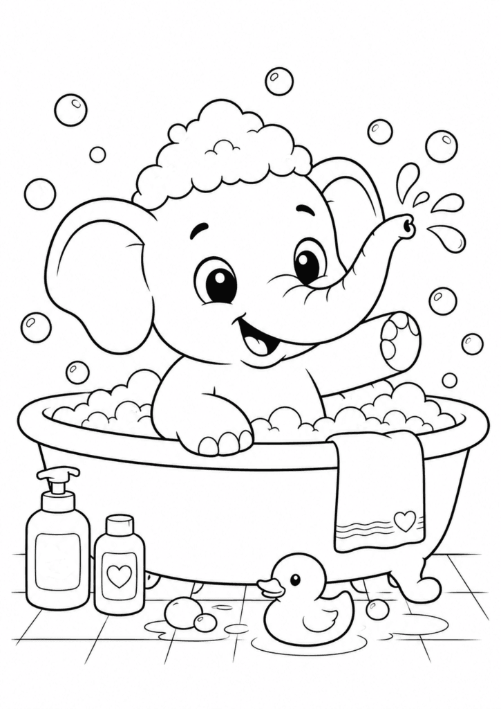 Cute baby elephant taking a bath coloring page for kids