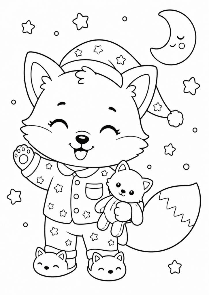 Baby fox wearing pajamas coloring page for toddlers