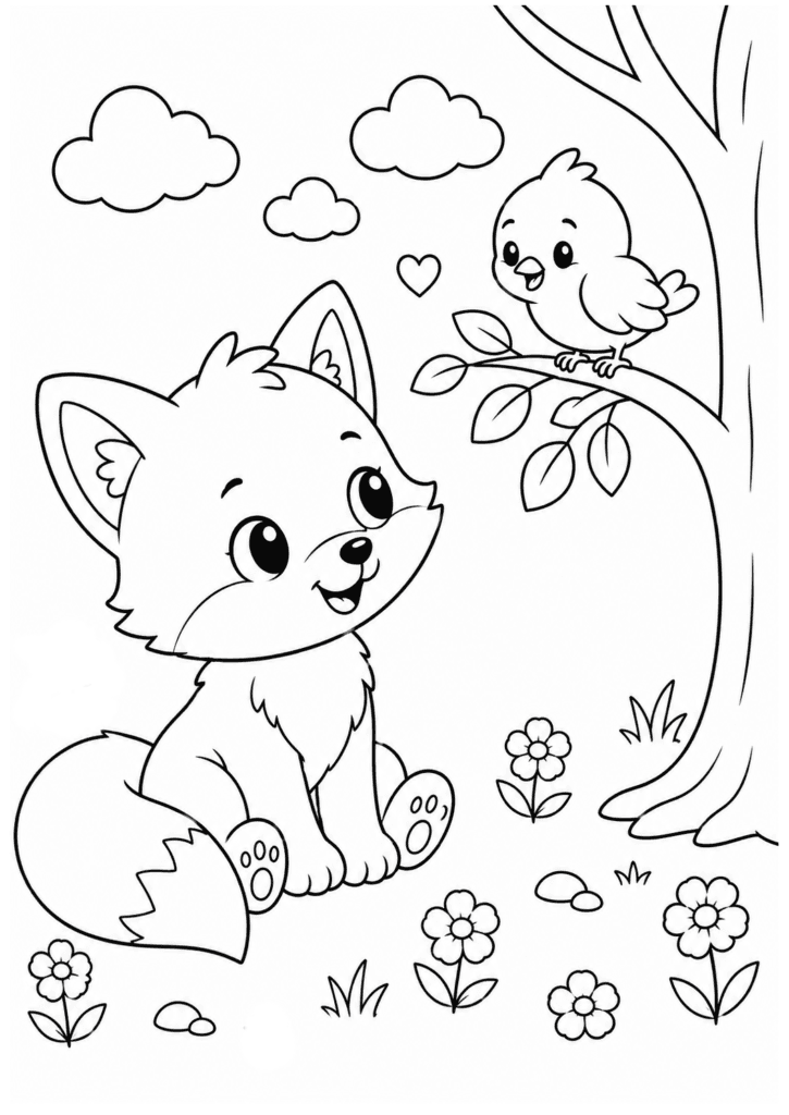 Cute baby fox with little bird friend coloring page for kids
