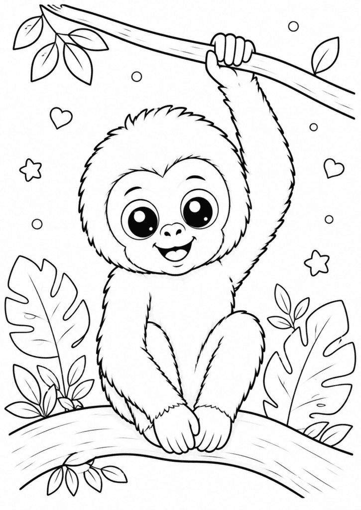 Cute baby gibbon coloring page for kids hanging from tree branch
