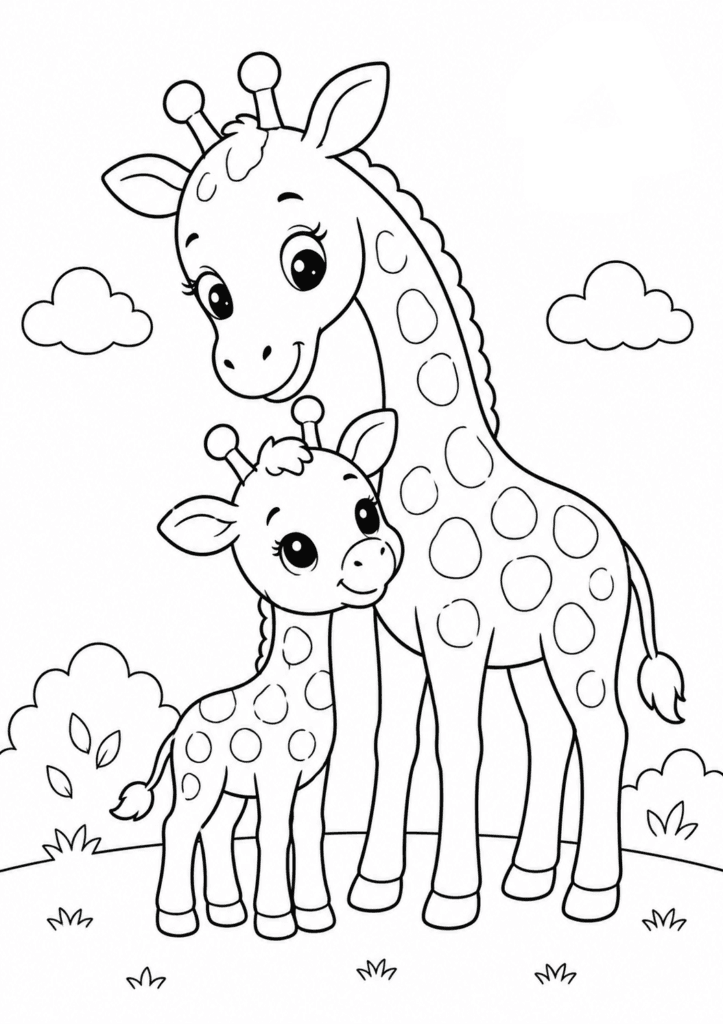 baby giraffe with mom coloring page easy