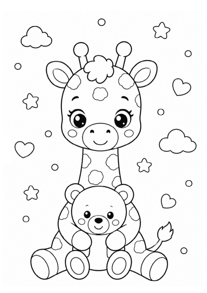 Cute baby giraffe hugging teddy bear coloring page for kids
