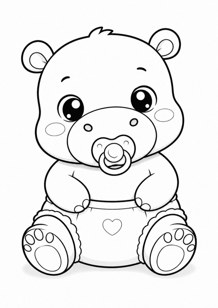 Cute baby hippo in diaper coloring page with pacifier for kids