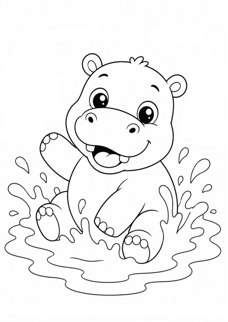 Baby hippopotamus splashing in mud coloring page for kids