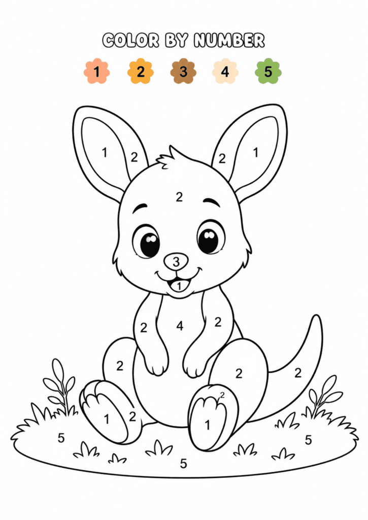 Baby kangaroo color by number worksheet for toddlers and preschool kids