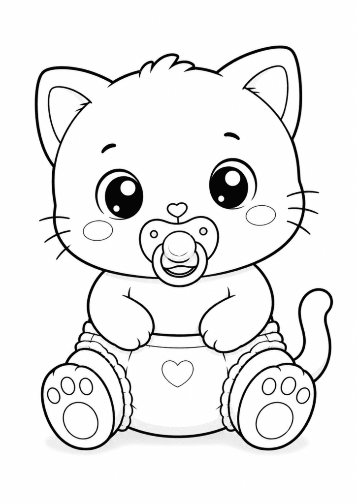 Cute baby kitten in diaper coloring page with pacifier for kids