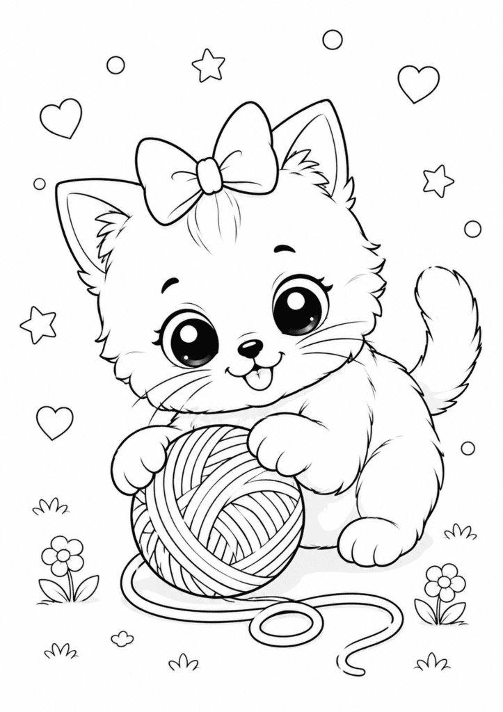 baby kitten playing with yarn coloring page
