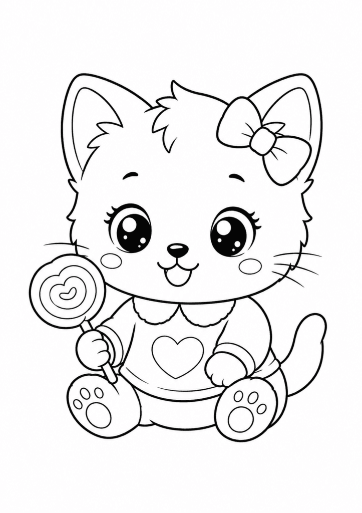 Cute baby kitten with heart lollipop coloring page for kids