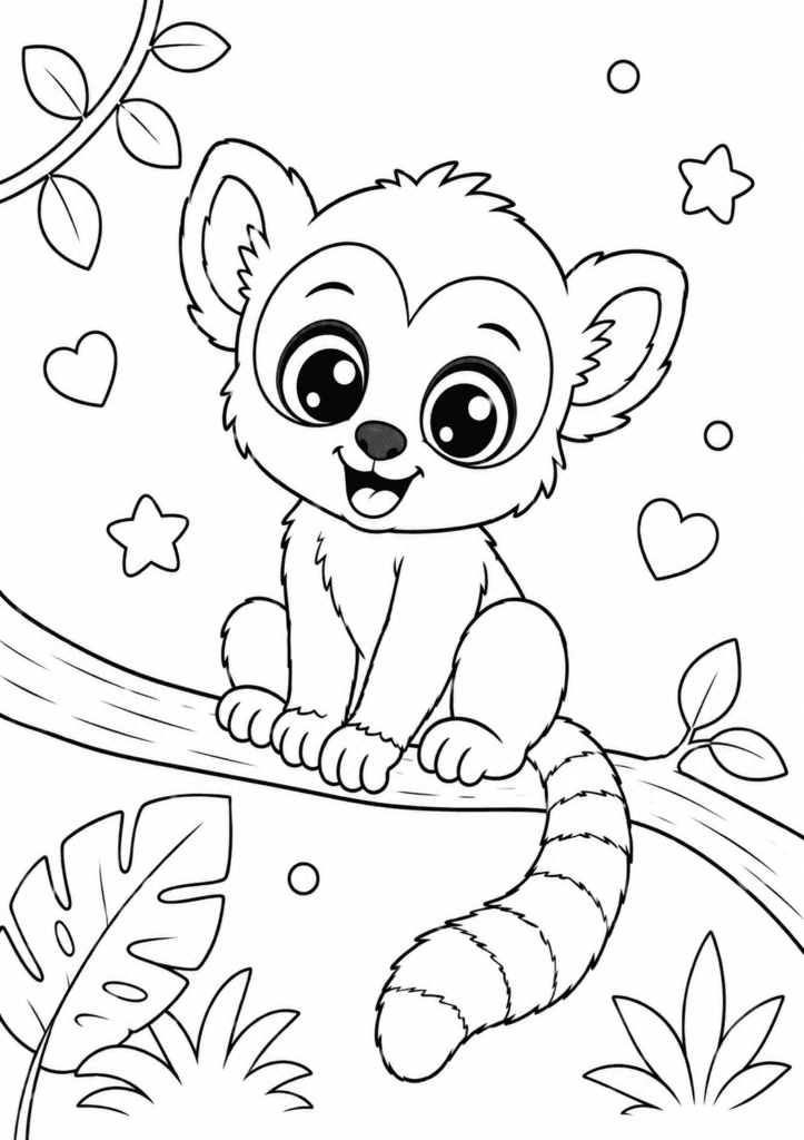 Cute baby lemur coloring page for kids sitting on tree branch
