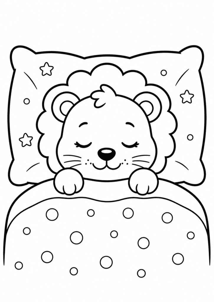 Cute baby lion sleeping in bed coloring page for kids