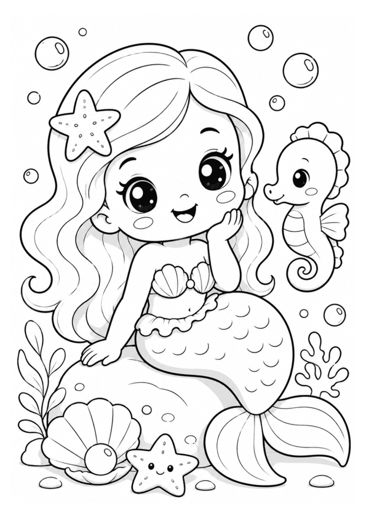 Cute baby mermaid coloring page for toddlers