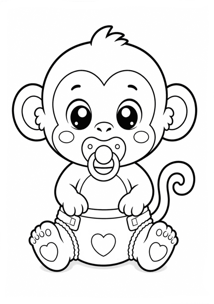 Cute baby monkey in diaper coloring page with pacifier for kids