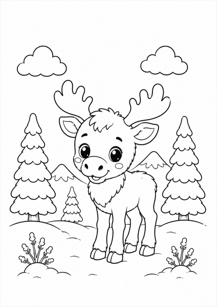 Baby moose in snow coloring page for kids