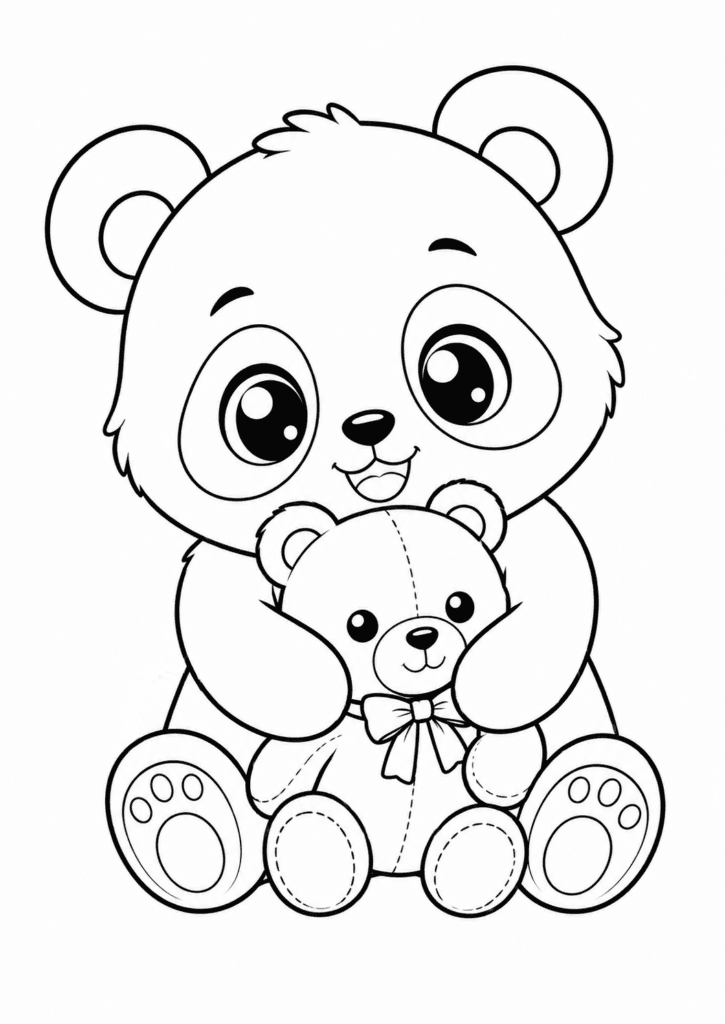 Cute baby panda hugging a teddy bear coloring page for kids