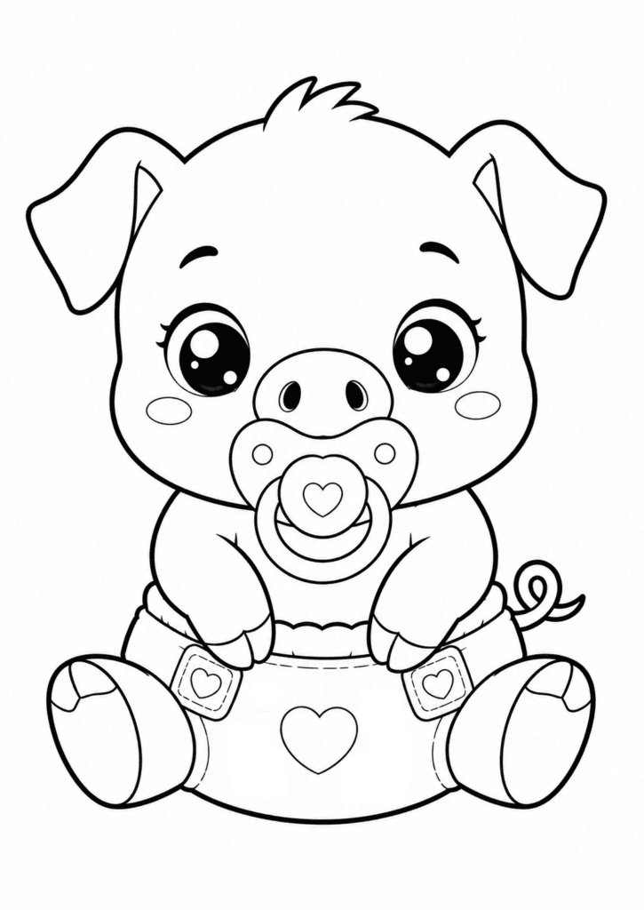 Cute baby pig in diaper coloring page with pacifier for kids