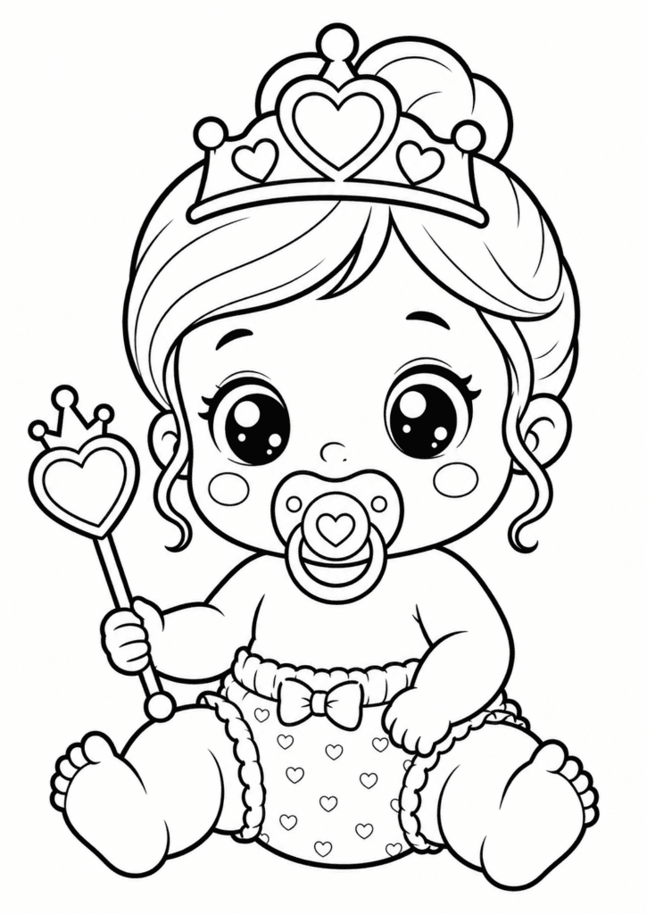 Cute baby princess in pajamas with diaper and pacifier coloring page for kids