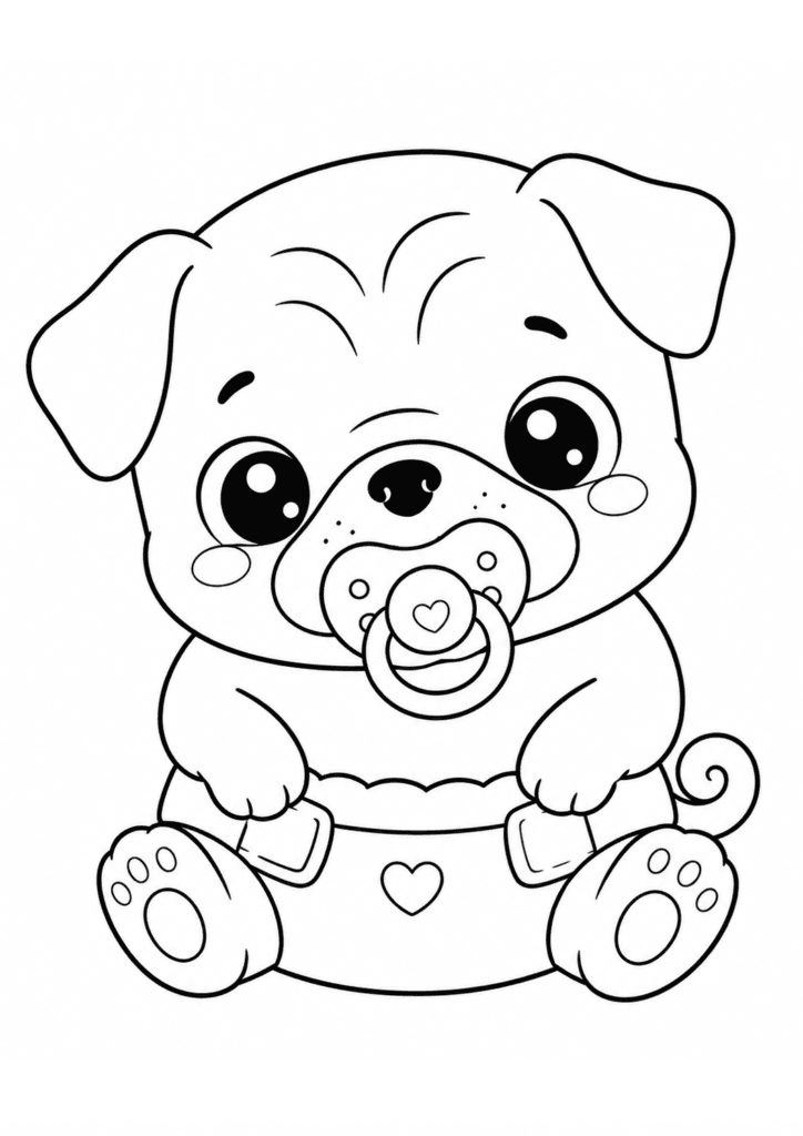 Cute baby pug in diaper with big pacifier coloring page for kids