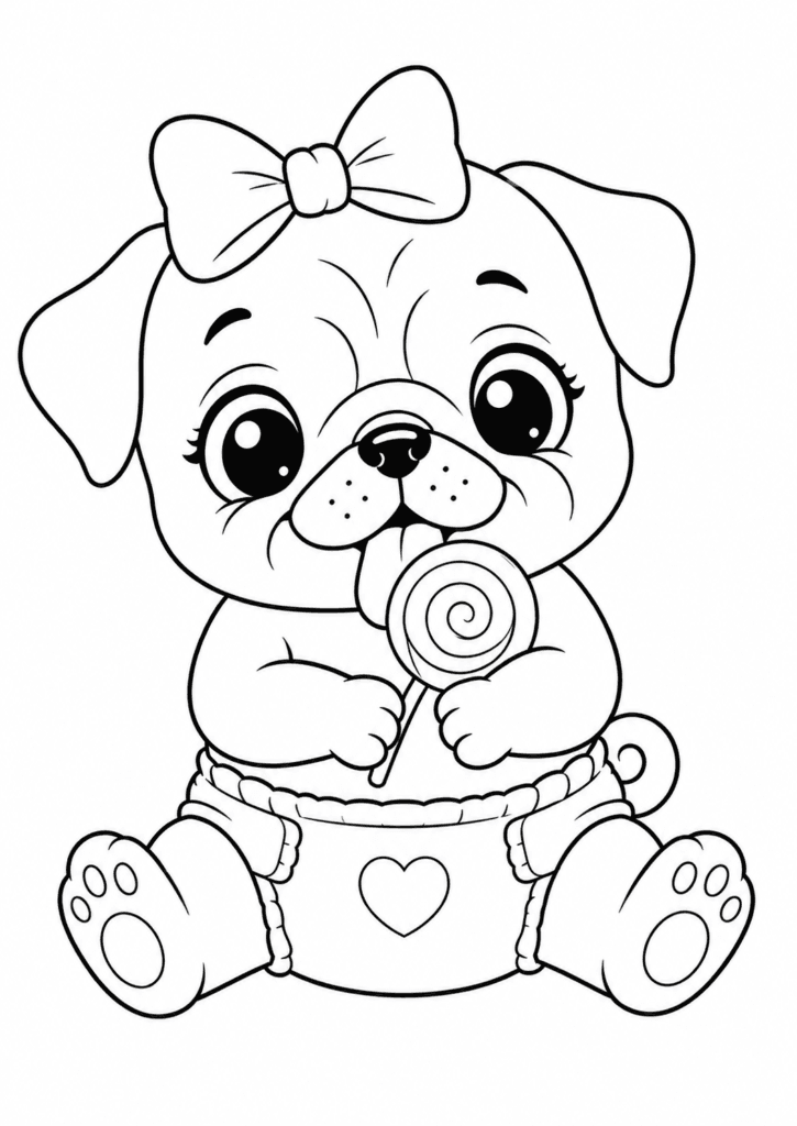 Cute baby pug licking lollipop coloring page for kids