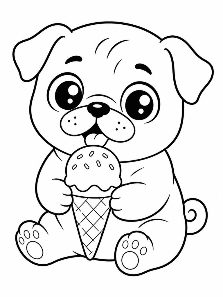 Cute baby pug holding an ice cream coloring page for kids