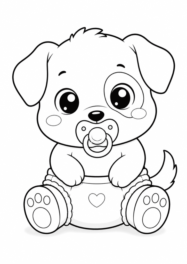 Cute baby puppy in diaper coloring page with pacifier for kids