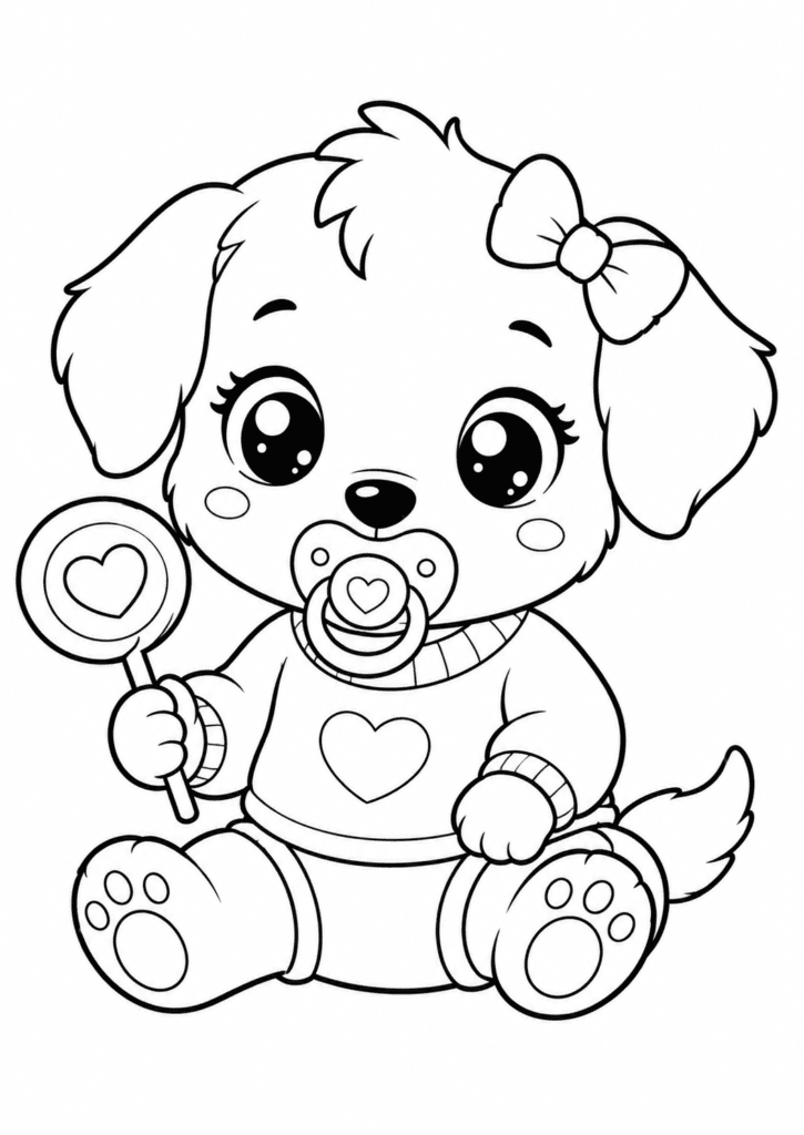 Cute baby puppy with heart lollipop coloring page for kids