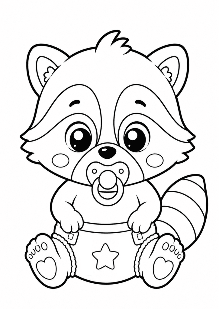 Cute baby raccoon in diaper coloring page with pacifier for kids