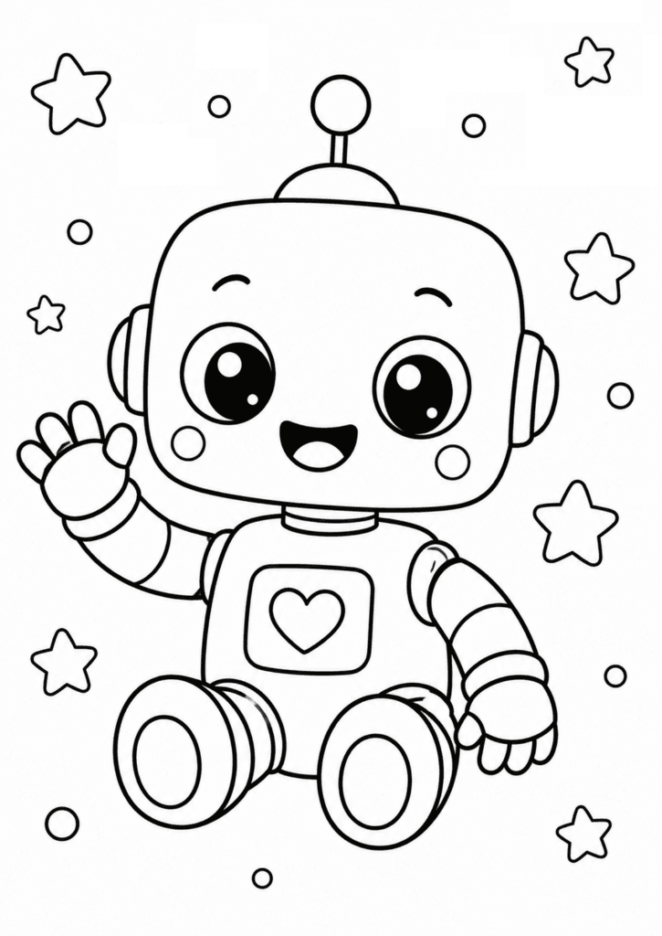 Baby robot coloring page for kids with cute kawaii robot