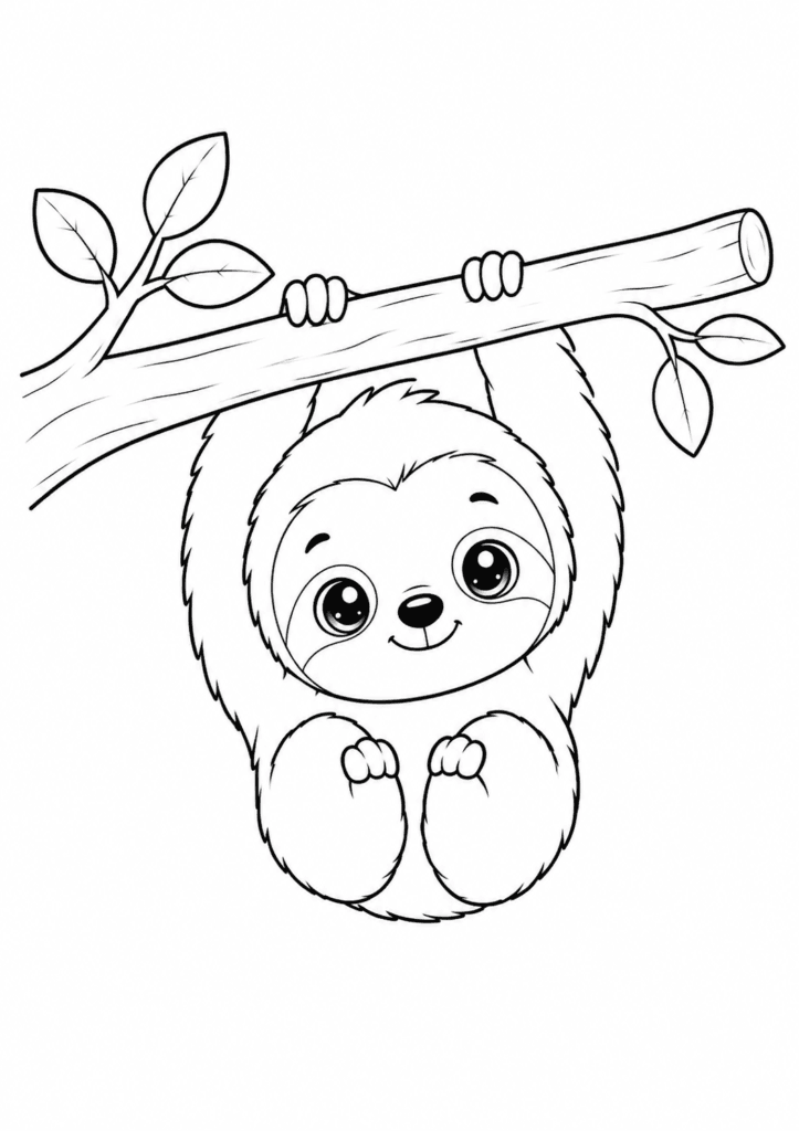 baby sloth hanging on tree coloring page