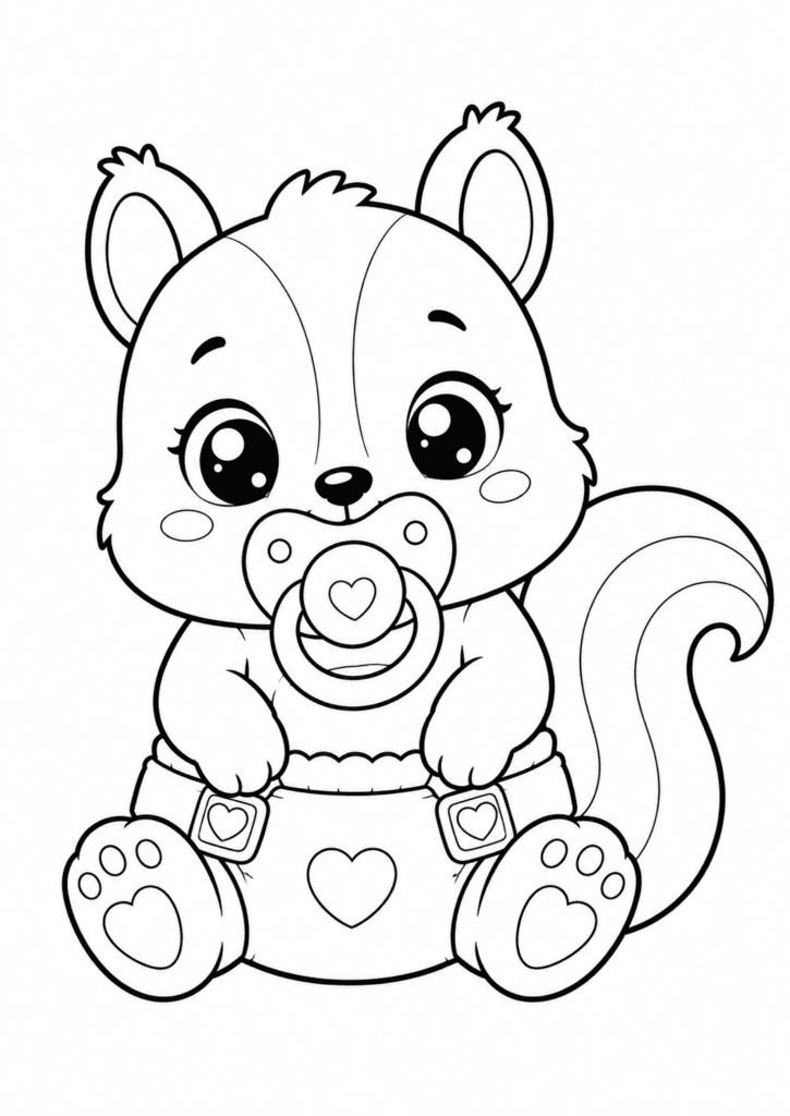 Cute baby squirrel in diaper coloring page with pacifier for kids