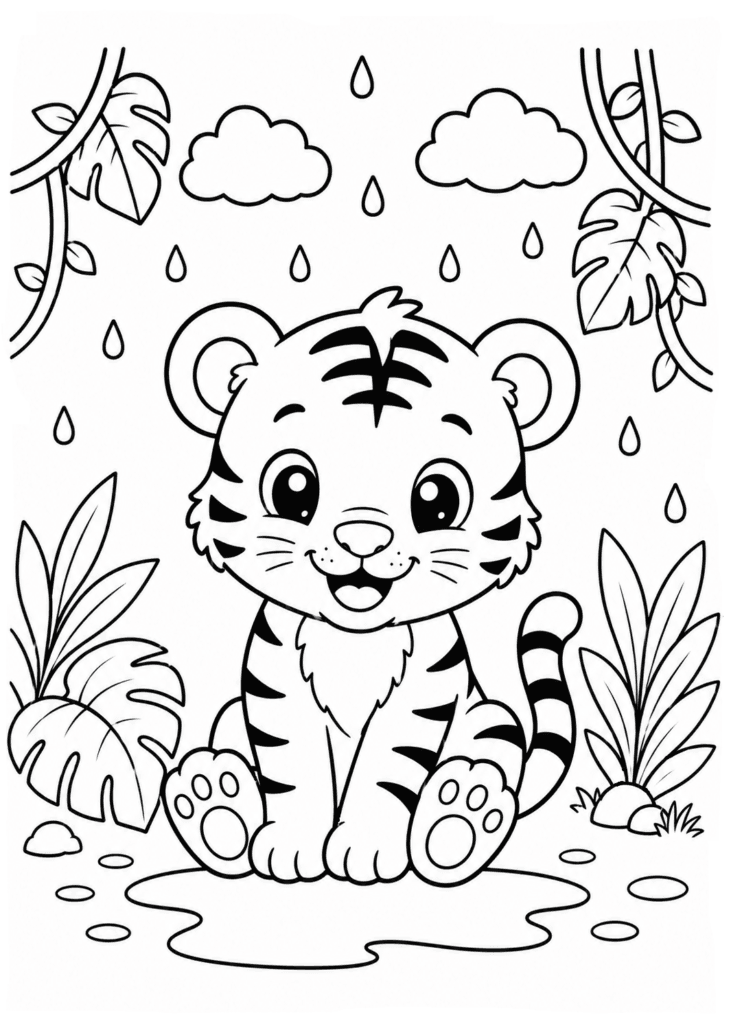 Baby tiger in jungle rain coloring page for toddlers