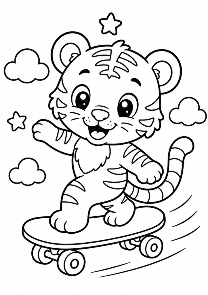 Baby tiger riding skateboard coloring page for kids