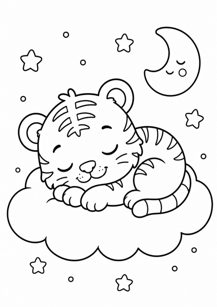 Baby tiger sleeping on cloud coloring page for toddlers
