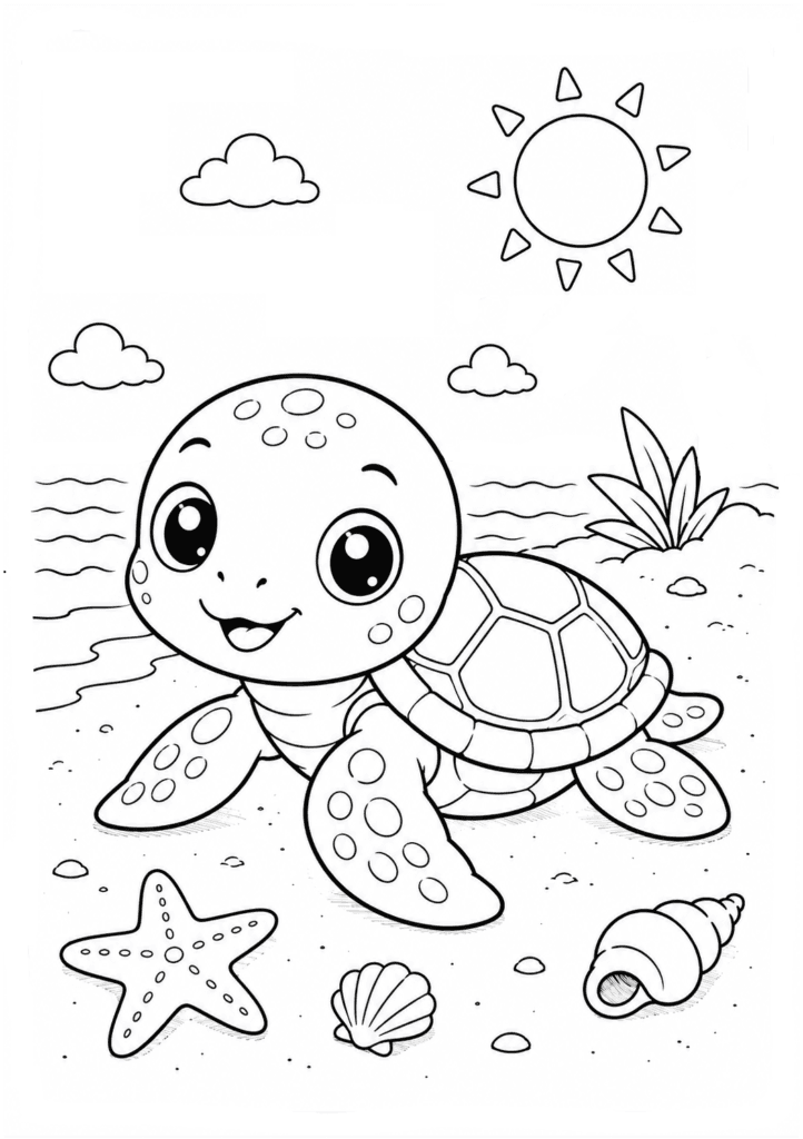 Baby turtle at the beach coloring page for kids