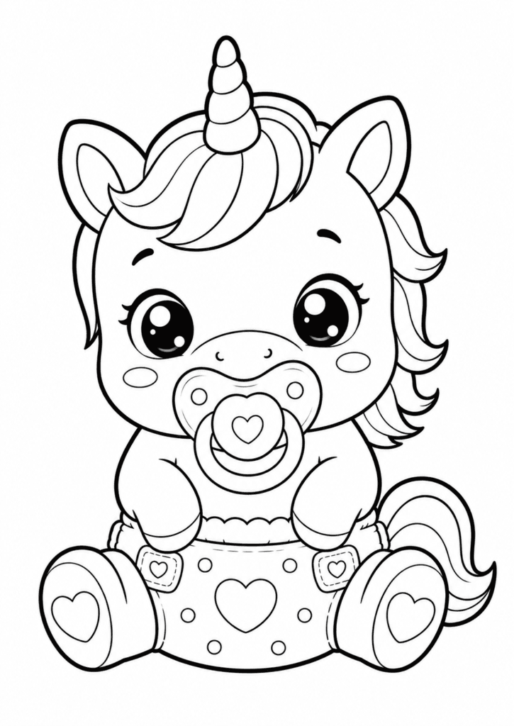 Cute baby unicorn in diaper coloring page with pacifier for kids