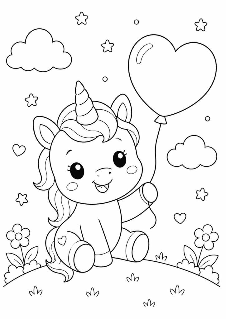 cute baby unicorn holding heart balloon coloring page for toddlers