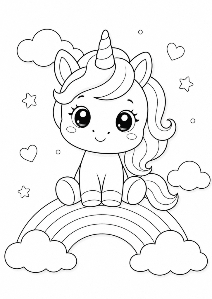 baby unicorn sitting on rainbow coloring page