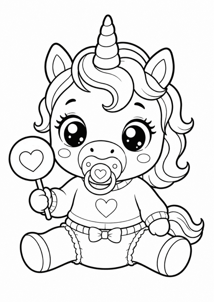 Cute baby unicorn with heart lollipop coloring page for kids