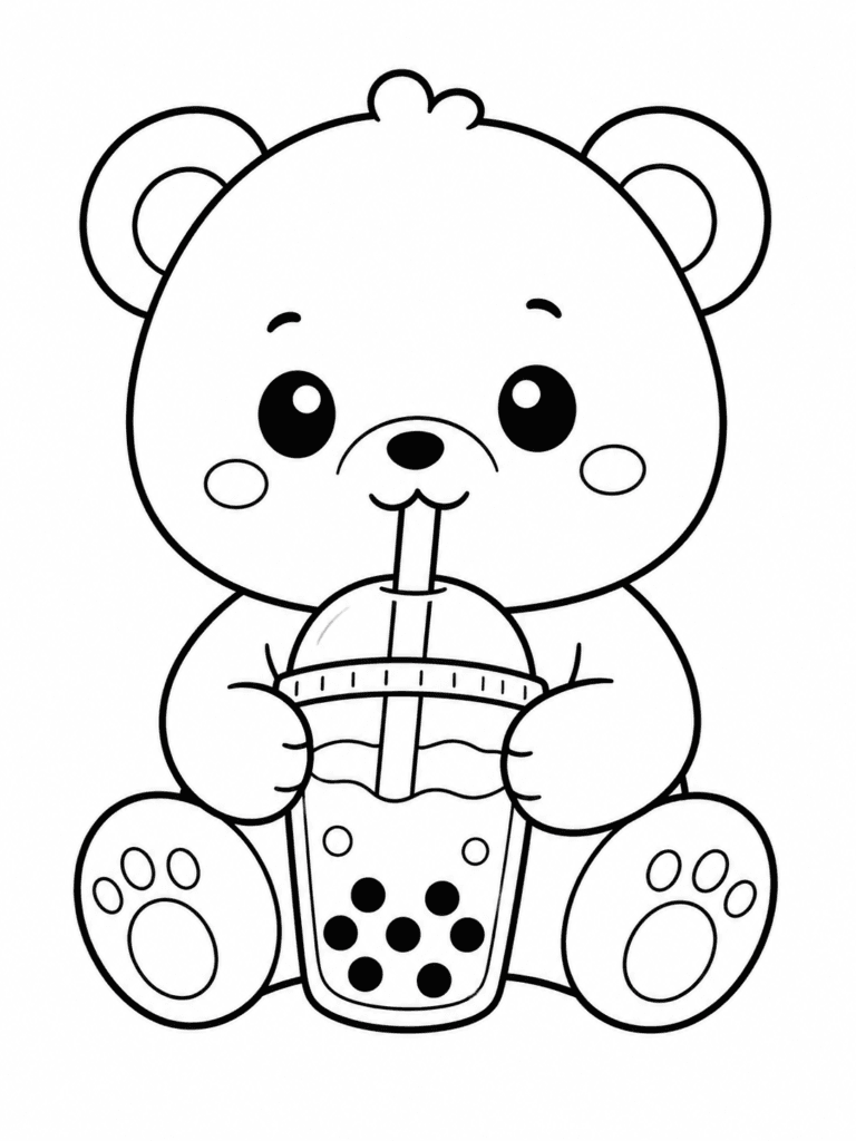 Cute bear drinking bubble tea coloring page for toddler and kids