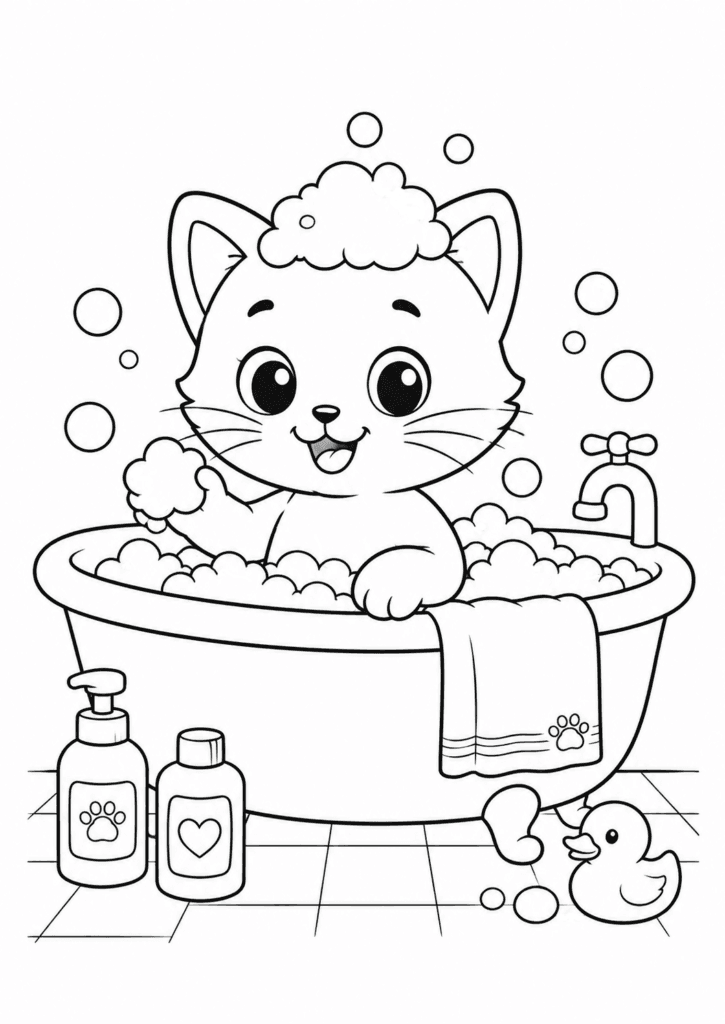 Cute cat taking a bubble bath coloring page for kids