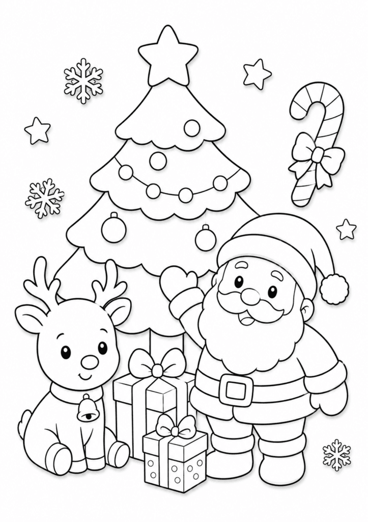 Christmas coloring page for kids with Santa Claus reindeer and Christmas tree