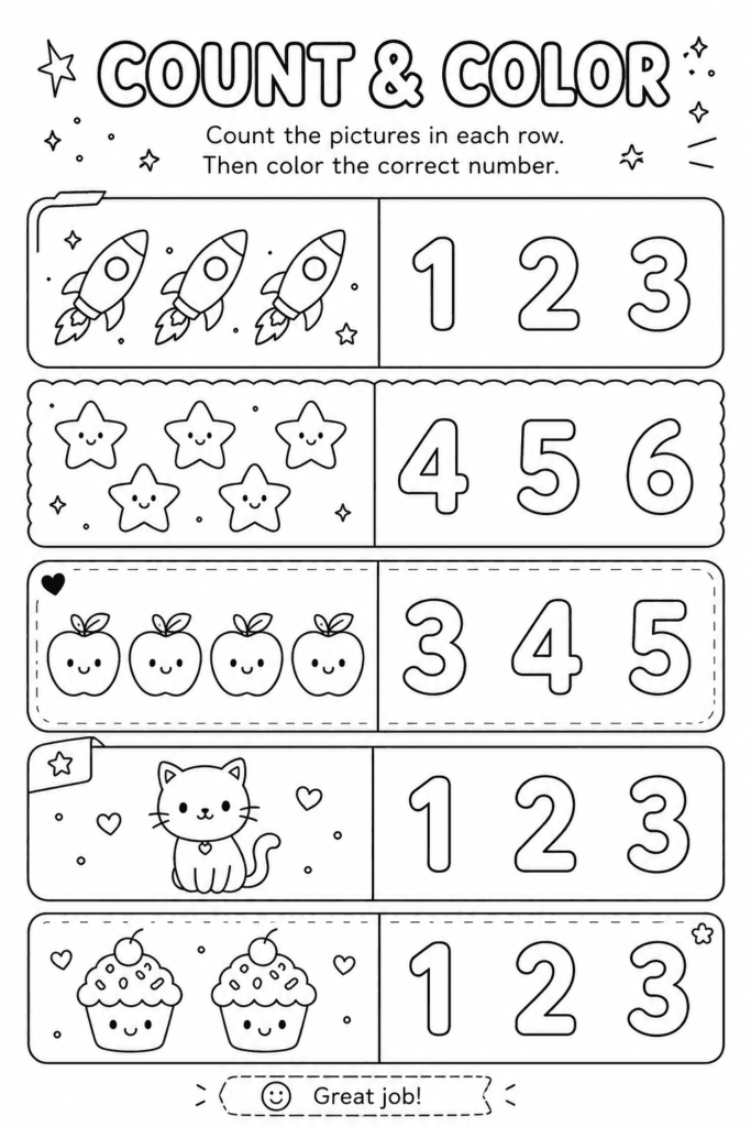Easy count and color worksheet for kids with simple learning activity