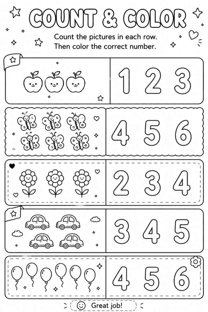 Printable count and color worksheet for kids with apples butterflies flowers cars and balloons