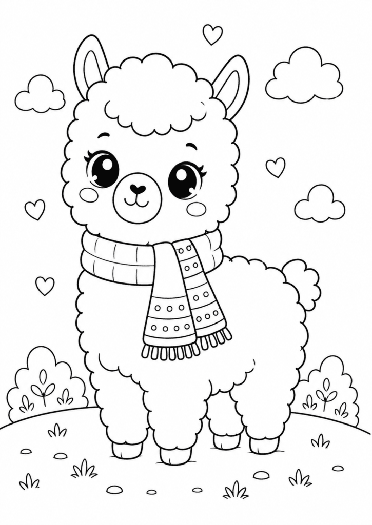 Cute alpaca with scarf coloring page for kids