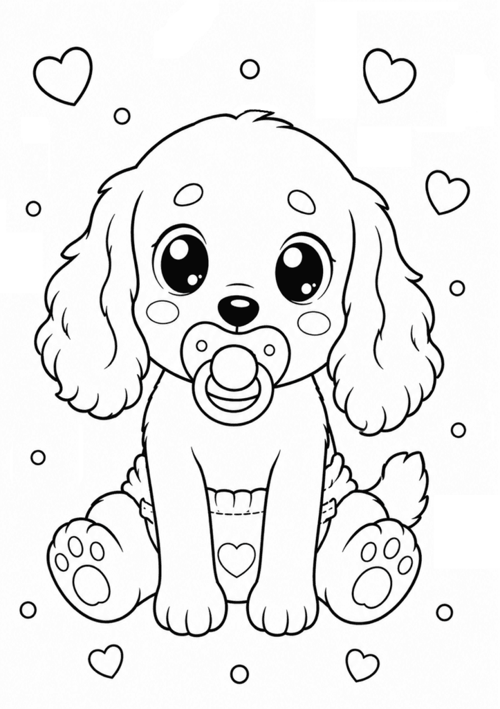 Cute baby cocker spaniel coloring page wearing a diaper for kids