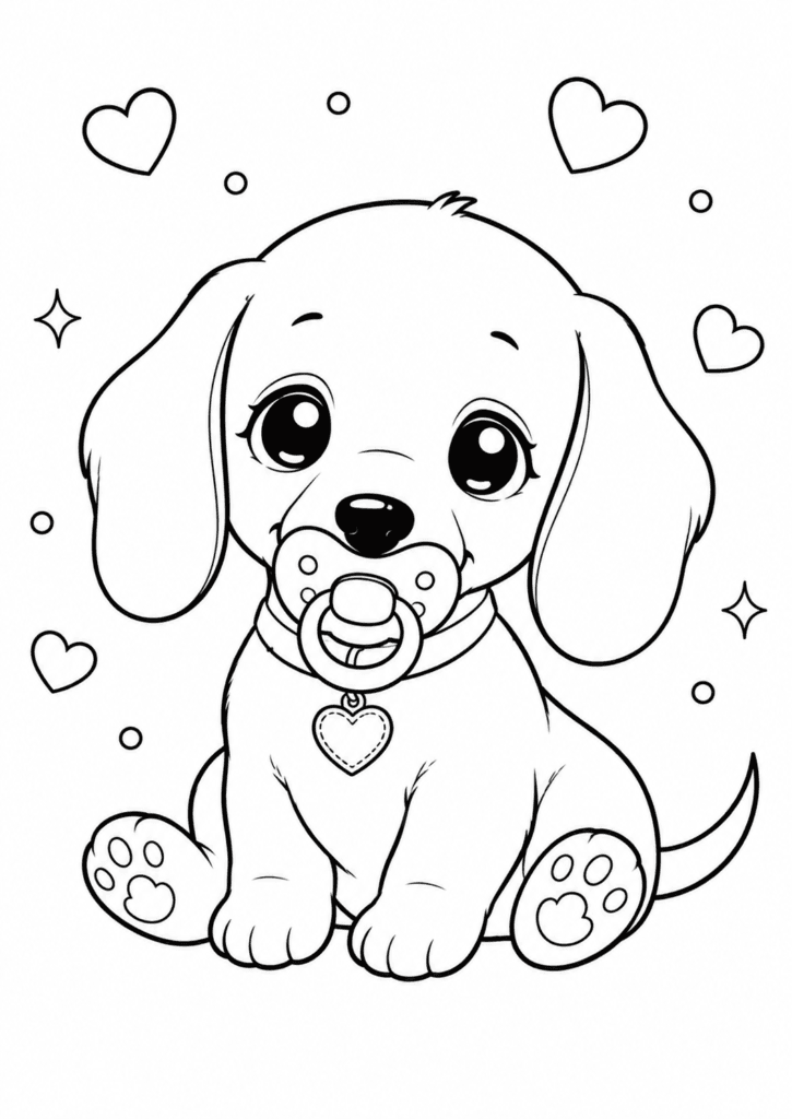 Cute baby dachshund puppy coloring page with pacifier for kids